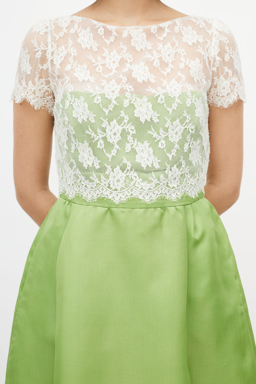 Valentino White Lace 
Green Silk Dress