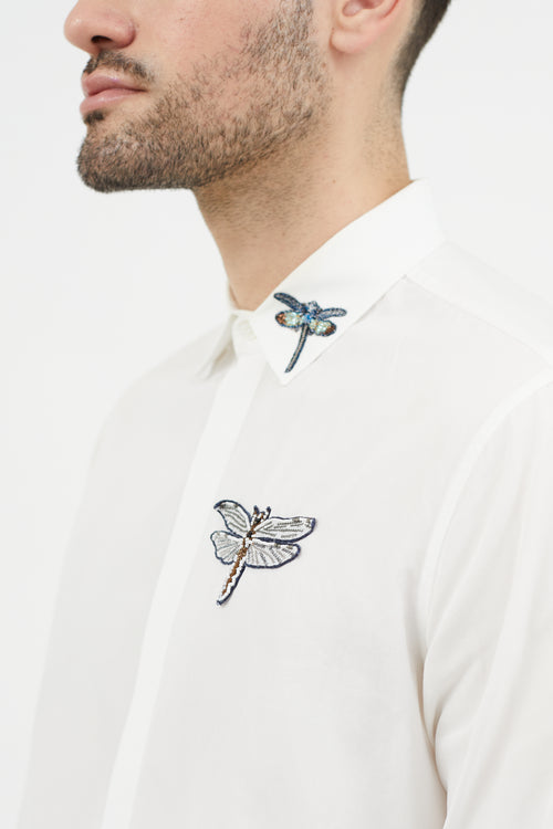 Valentino White 
Multicolour Embroidered Dragonfly Shirt