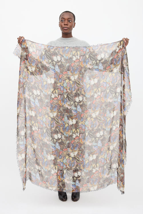 Valentino Multicolour Butterfly Printed Fringe Scarf