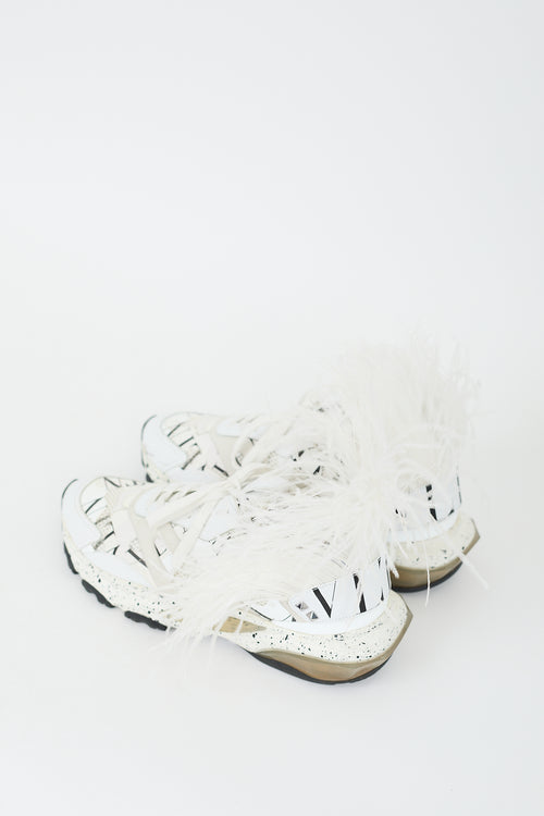 Valentino Black 
White Leather Grid Bounce Feather Sneaker