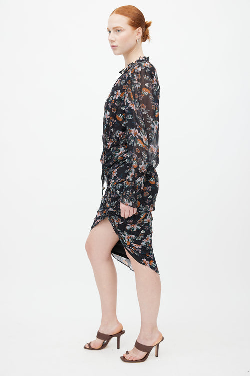 Veronica Beard Navy 
Multi Floral Ruched Dress