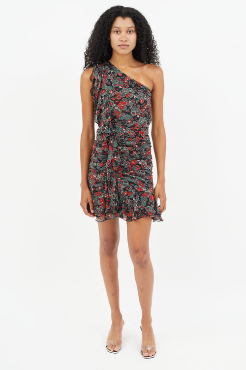 Veronica Beard Black 
Multicolour Floral One Shoulder  Dress