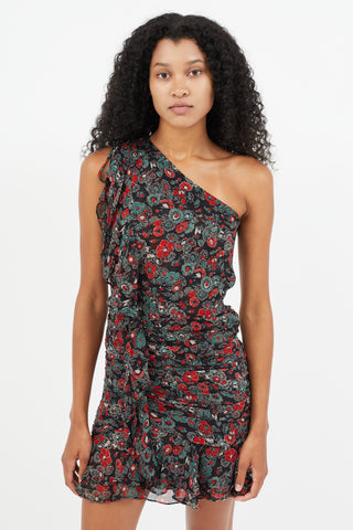 Veronica Beard Black 
Multicolour Floral One Shoulder  Dress