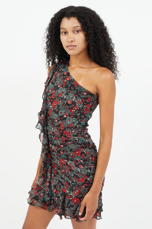 Veronica Beard Black 
Multicolour Floral One Shoulder  Dress