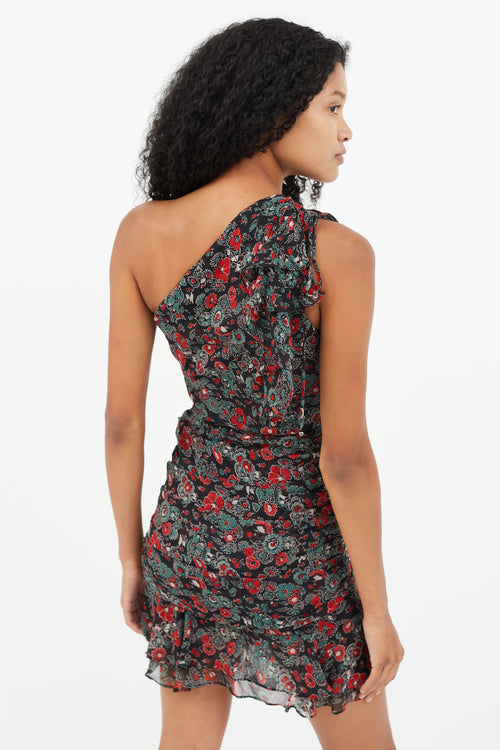 Veronica Beard Black 
Multicolour Floral One Shoulder  Dress