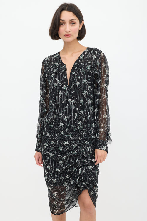 Veronica Beard Black 
Multicolour Silk Floral Ruched Dress