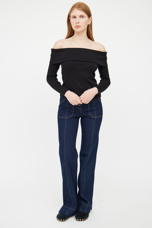 Veronica Beard Black Ribbed Off Shoulder Top