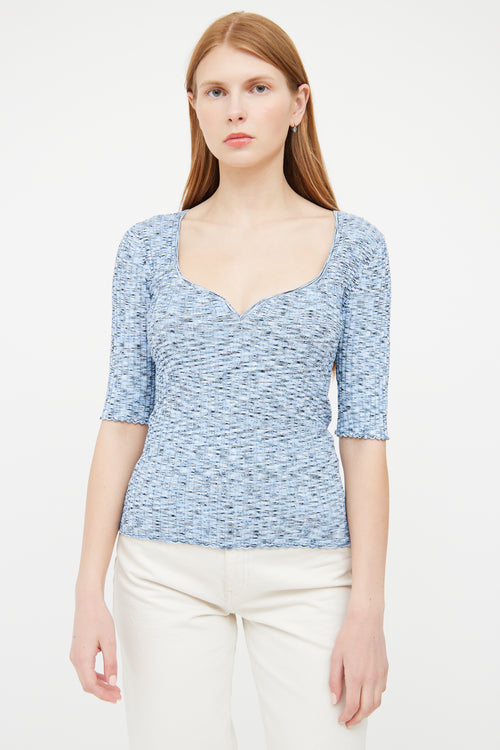 Veronica Beard Blue Ribbed Half Sleeve Top