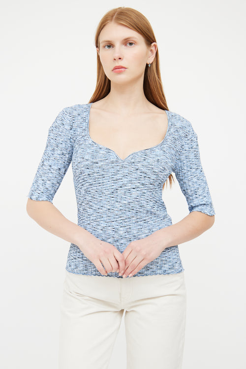 Veronica Beard Blue Ribbed Half Sleeve Top