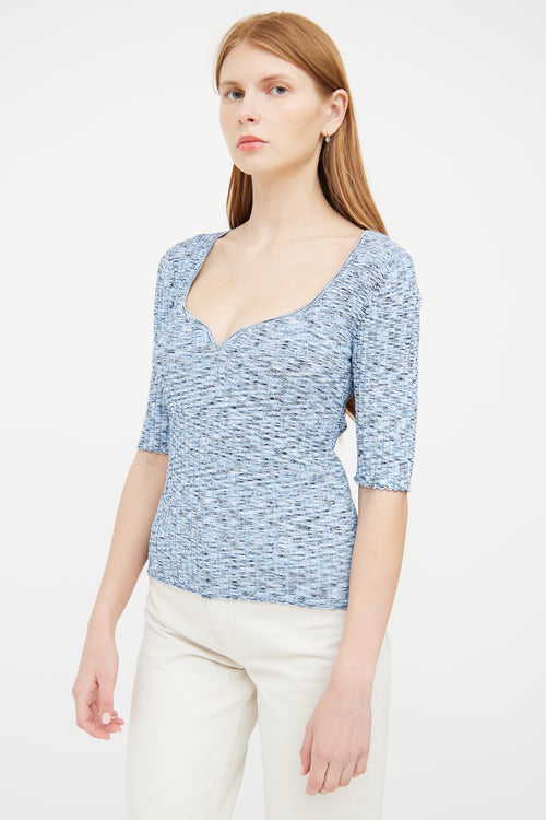 Veronica Beard Blue Ribbed Half Sleeve Top