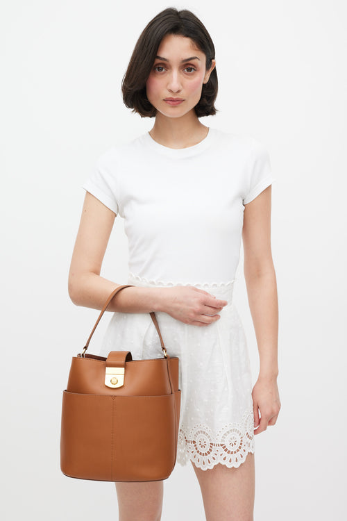 Veronica Beard Brown Leather The Crest Lock Bucket Bag