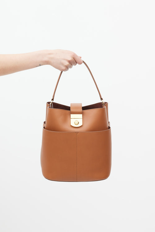 Veronica Beard Brown Leather The Crest Lock Bucket Bag