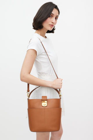 Veronica Beard Brown Leather The Crest Lock Bucket Bag