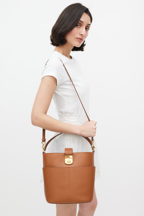 Veronica Beard Brown Leather The Crest Lock Bucket Bag