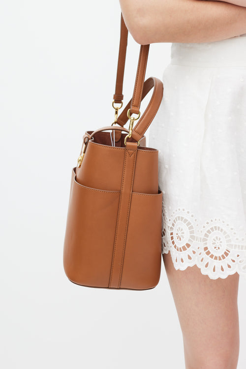 Veronica Beard Brown Leather The Crest Lock Bucket Bag