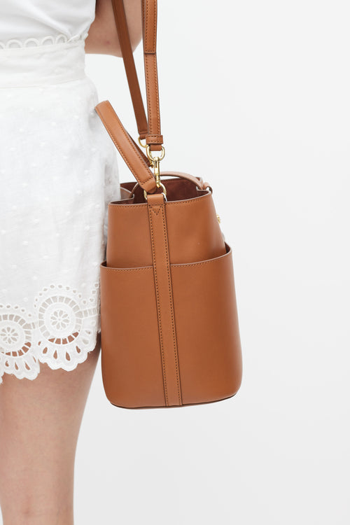 Veronica Beard Brown Leather The Crest Lock Bucket Bag