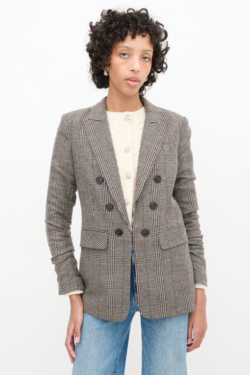 Veronica Beard Brown 
Multi Wool Check Ruched Sleeve Blazer