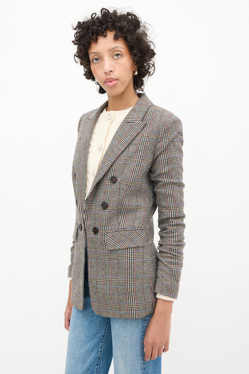 Veronica Beard Brown 
Multi Wool Check Ruched Sleeve Blazer