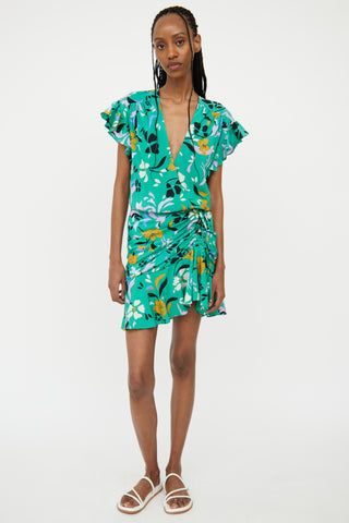 Veronica Beard Green Silk-Blend Floral Wrap Dress