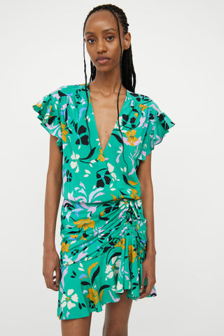 Veronica Beard Green Silk-Blend Floral Wrap Dress