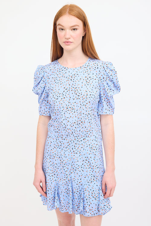 Veronica Beard Light Blue 
Multi Silk Floral Puff Sleeve Dress