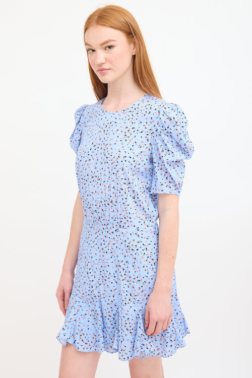 Veronica Beard Light Blue 
Multi Silk Floral Puff Sleeve Dress