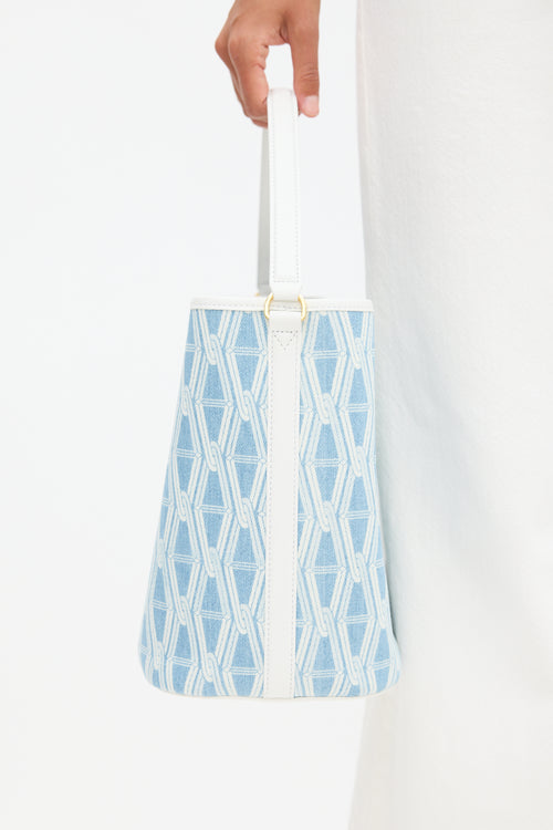 Veronica Beard Light Blue 
White Denim 
Leather V-Link Bucket Bag