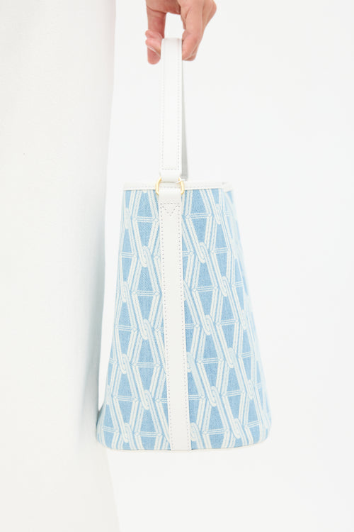 Veronica Beard Light Blue 
White Denim 
Leather V-Link Bucket Bag