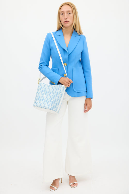 Veronica Beard Light Blue 
White Denim 
Leather V-Link Bucket Bag