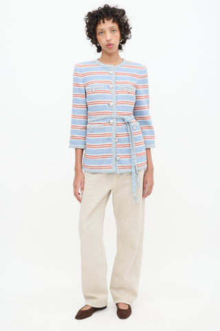 Veronica Beard Light Blue 
Multicolour Striped Ginevra Braided Trim Blazer