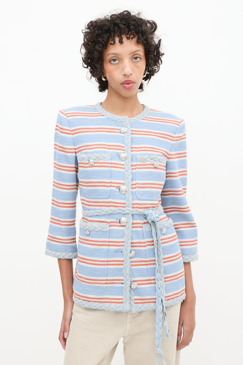 Veronica Beard Light Blue 
Multicolour Striped Ginevra Braided Trim Blazer