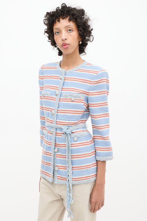 Veronica Beard Light Blue 
Multicolour Striped Ginevra Braided Trim Blazer