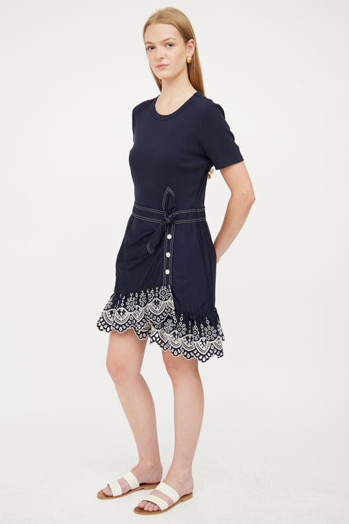 Veronica Beard Navy 
White Detail Eyelet Dress