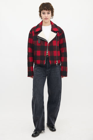 Veronica Beard Red 
Black Wool Plaid Benni Moto Jacket