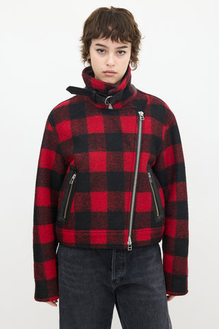 Veronica Beard Red 
Black Wool Plaid Benni Moto Jacket