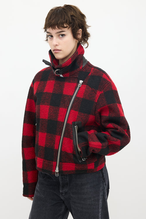 Veronica Beard Red 
Black Wool Plaid Benni Moto Jacket