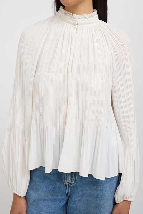 Veronica Beard White Pleated Long Sleeve Top