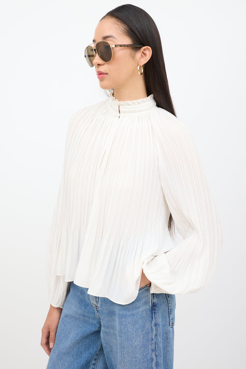 Veronica Beard White Pleated Long Sleeve Top