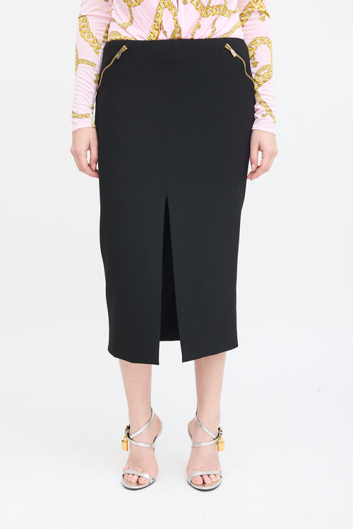 Versace Black Front Slit Midi Pencil Skirt