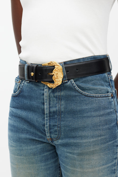 Versace Black 
Gold Baroque Buckle Belt