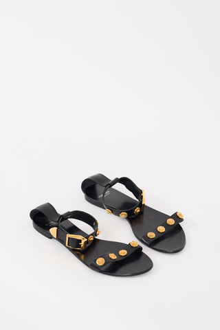 Versace Black 
Gold Leather Medusa Embellished Sandal