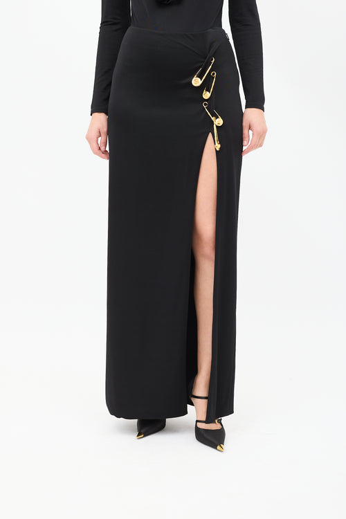 Versace Black 
Gold Logo Safety Pin Maxi Skirt