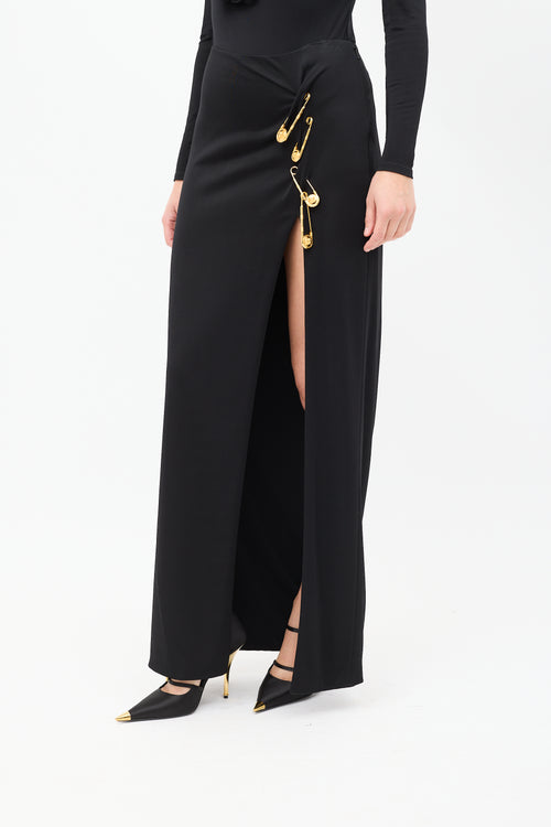 Versace Black 
Gold Logo Safety Pin Maxi Skirt