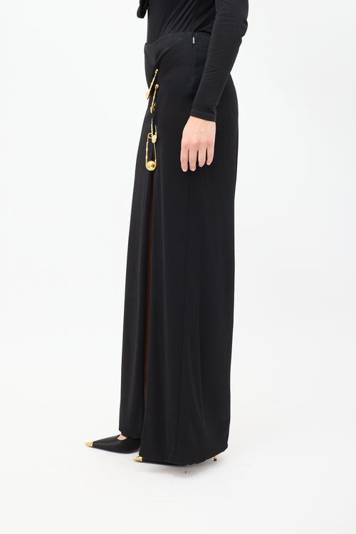 Versace Black 
Gold Logo Safety Pin Maxi Skirt