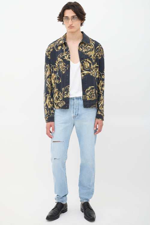 Versace Black 
Gold Ornate Printed Denim Jacket