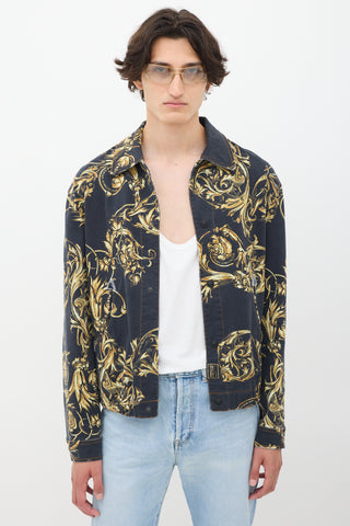 Versace Black 
Gold Ornate Printed Denim Jacket