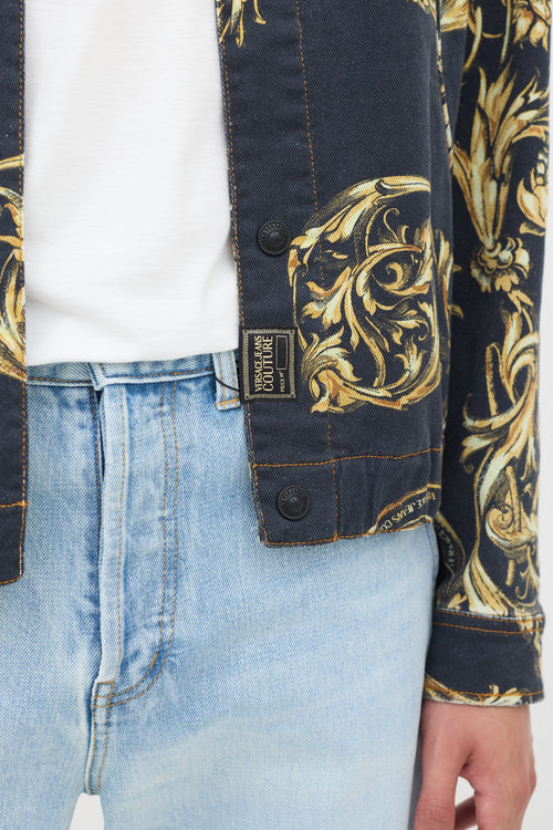 Versace Black 
Gold Ornate Printed Denim Jacket