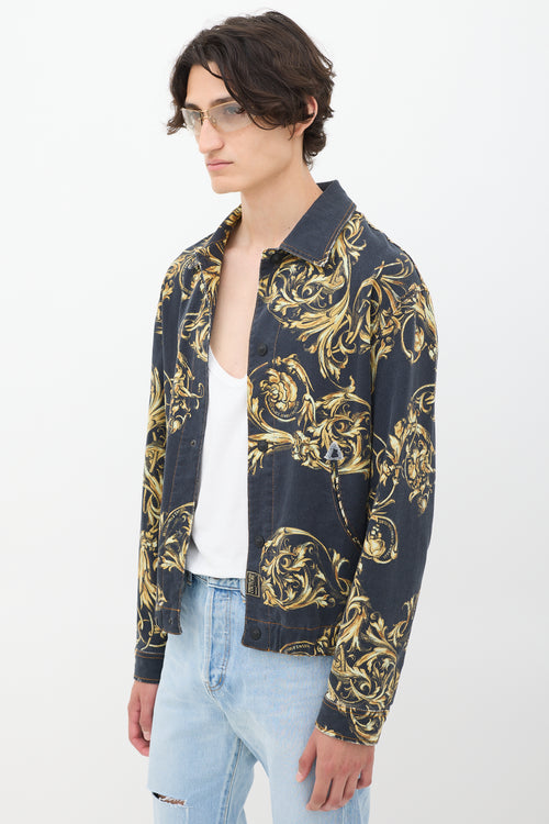 Versace Black 
Gold Ornate Printed Denim Jacket