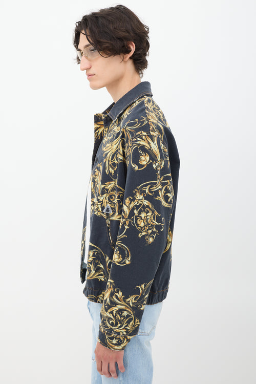 Versace Black 
Gold Ornate Printed Denim Jacket