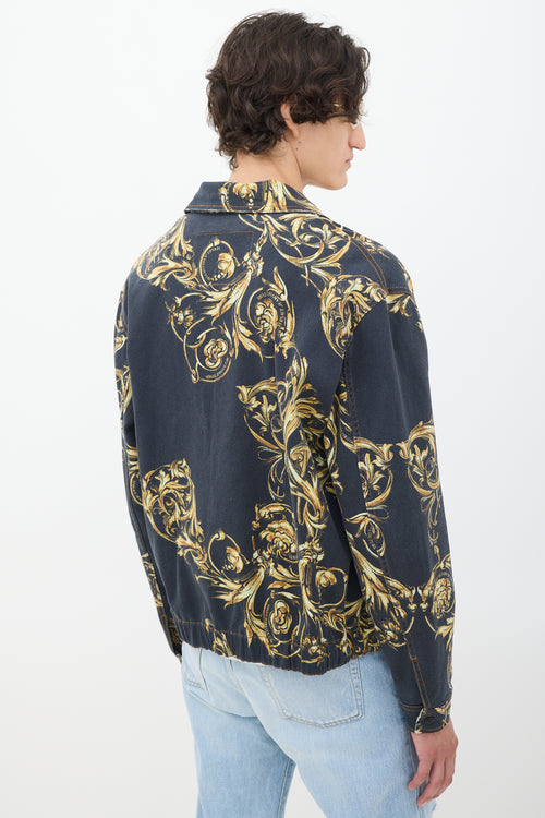 Versace Black 
Gold Ornate Printed Denim Jacket